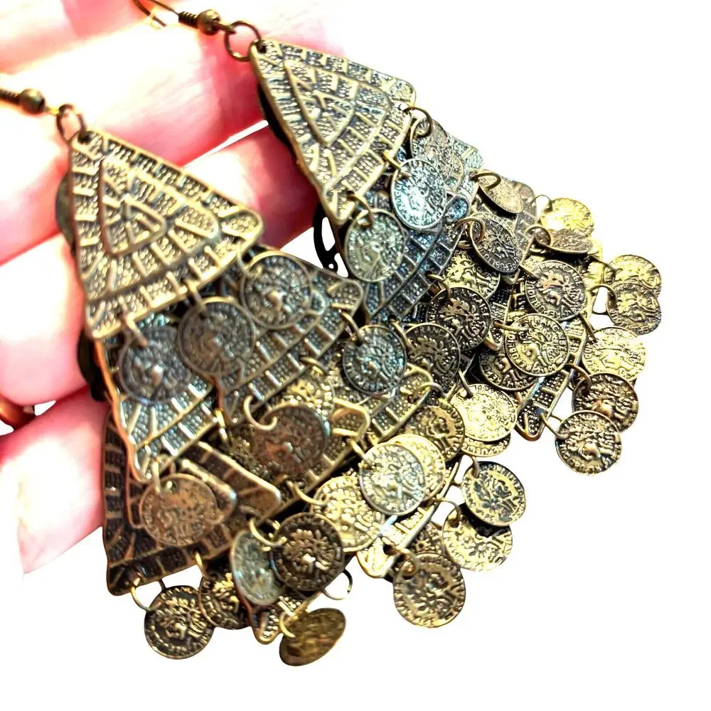 Vintage pierced earrings Boho Moroccan drop dangle brass gold movement statement